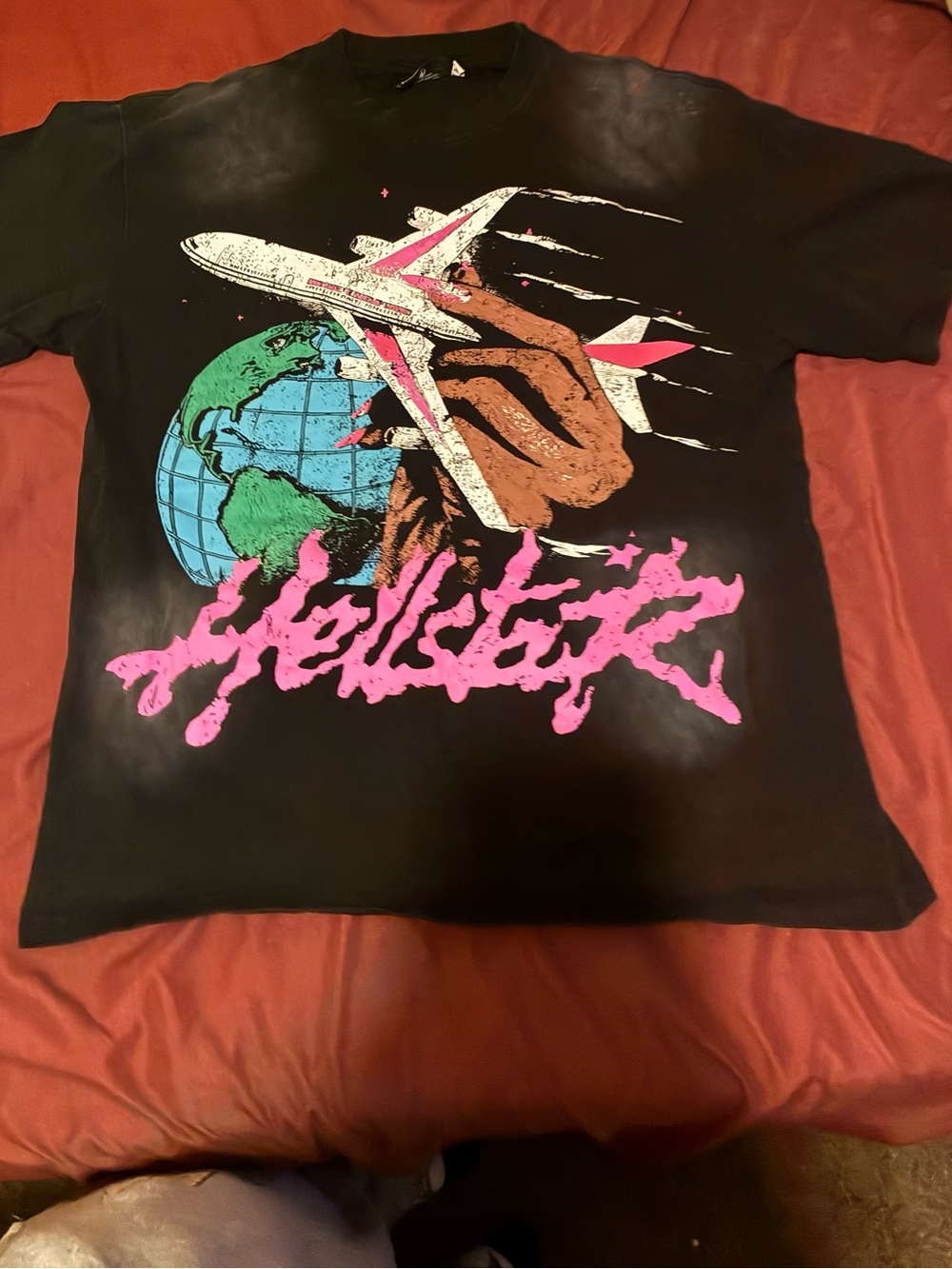 Black Short-Sleeve Graphic Tee with Airplane and Globe Print